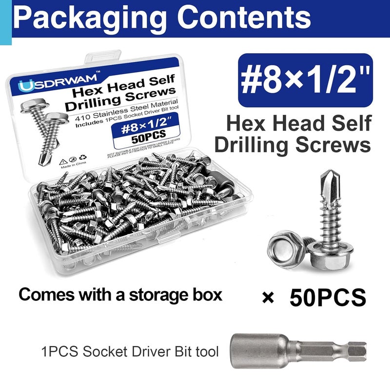 Usdrwam 50Pcs #10×1" Self Tapping Screws for Metal, 410 Stainless Steel Hex Washer Head Sheet Metal Screw - Image 3